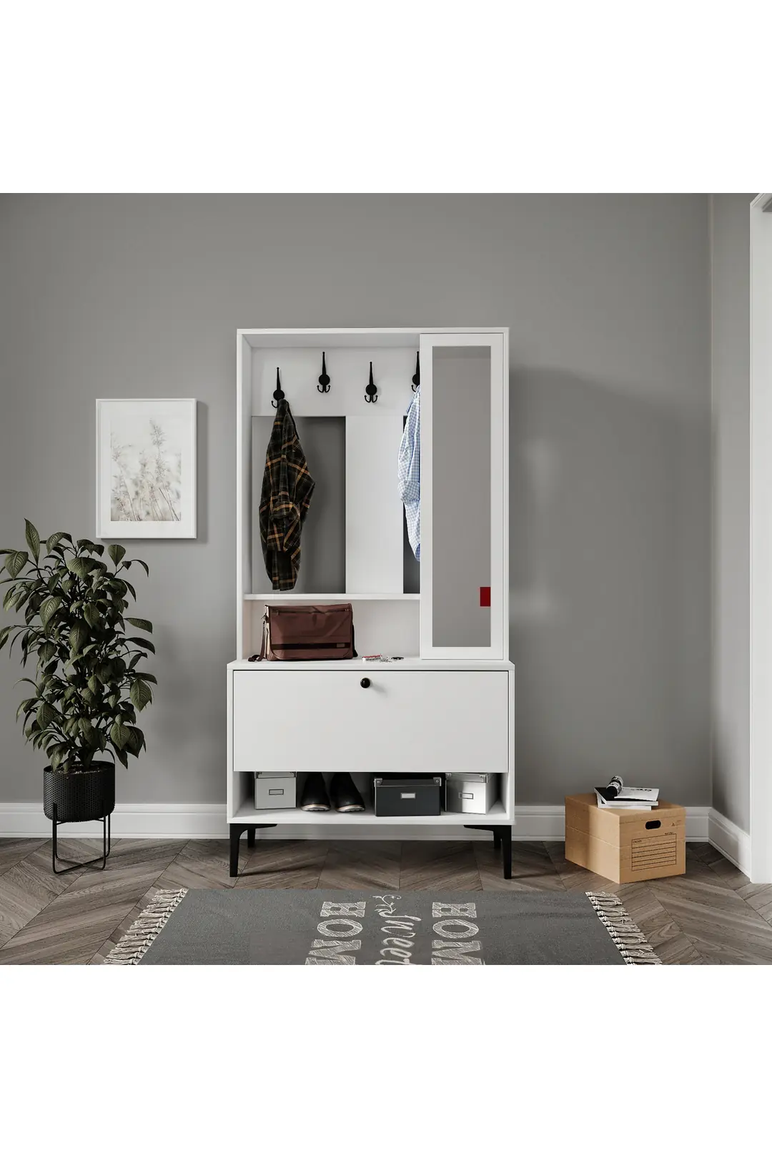 VALENTİN WOOD TARZ RAFLI,AYNALI PORTMANTO/AYAKKABILIK/VESTİYER(%100MDF)