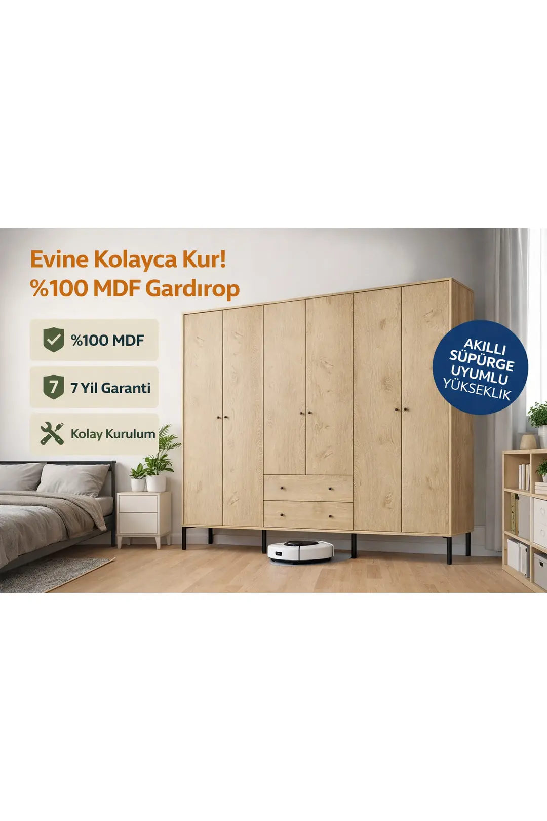 Focus 6 Kapılı,2 Çekmeceli,10 Raf Bölmeli Gardırop/ Dolap R: Meşe (%100MDF) 2