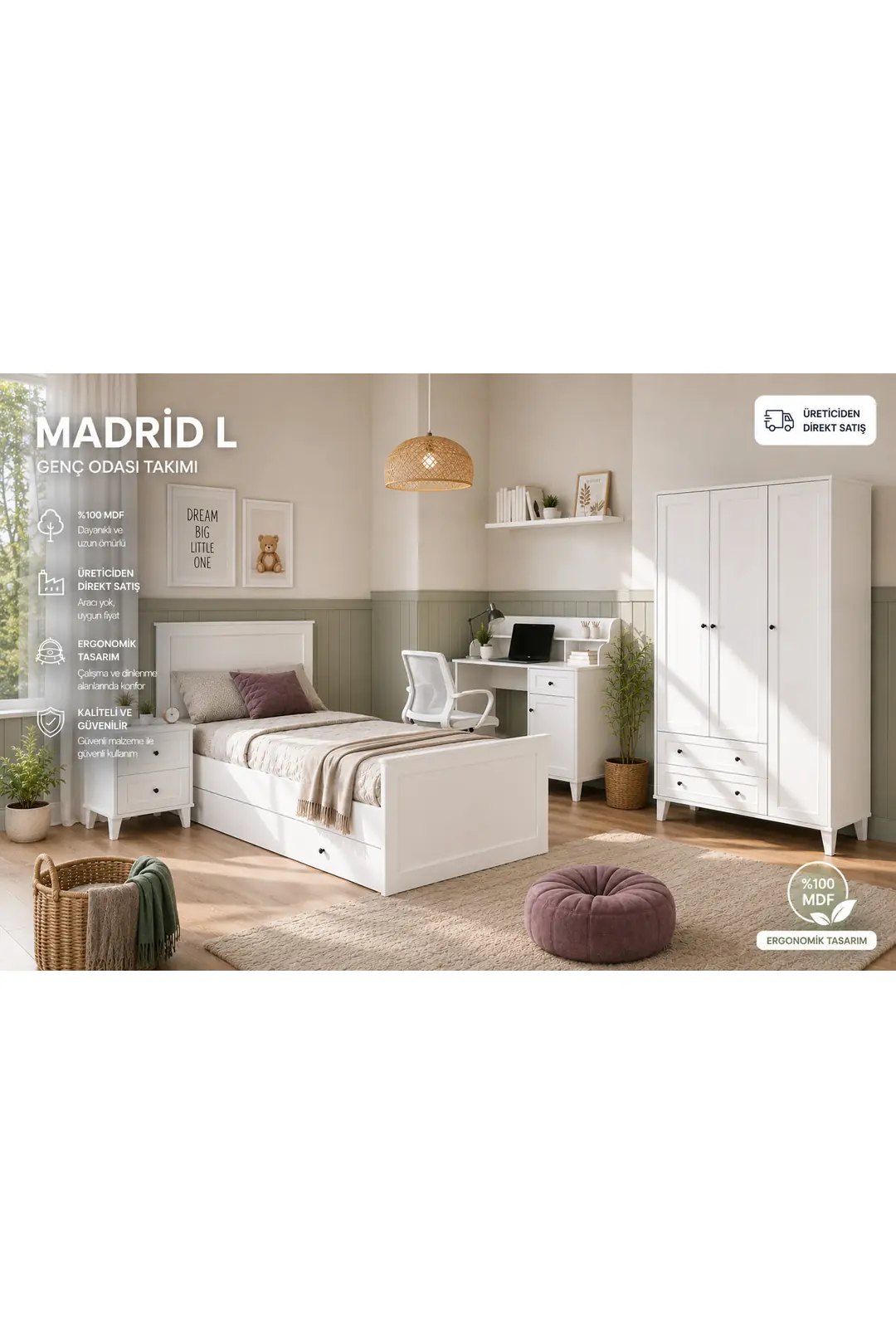 madrid 3 kapaklı,raflı,2 çekmeceli dolap/gardırop (%100mdf) 4