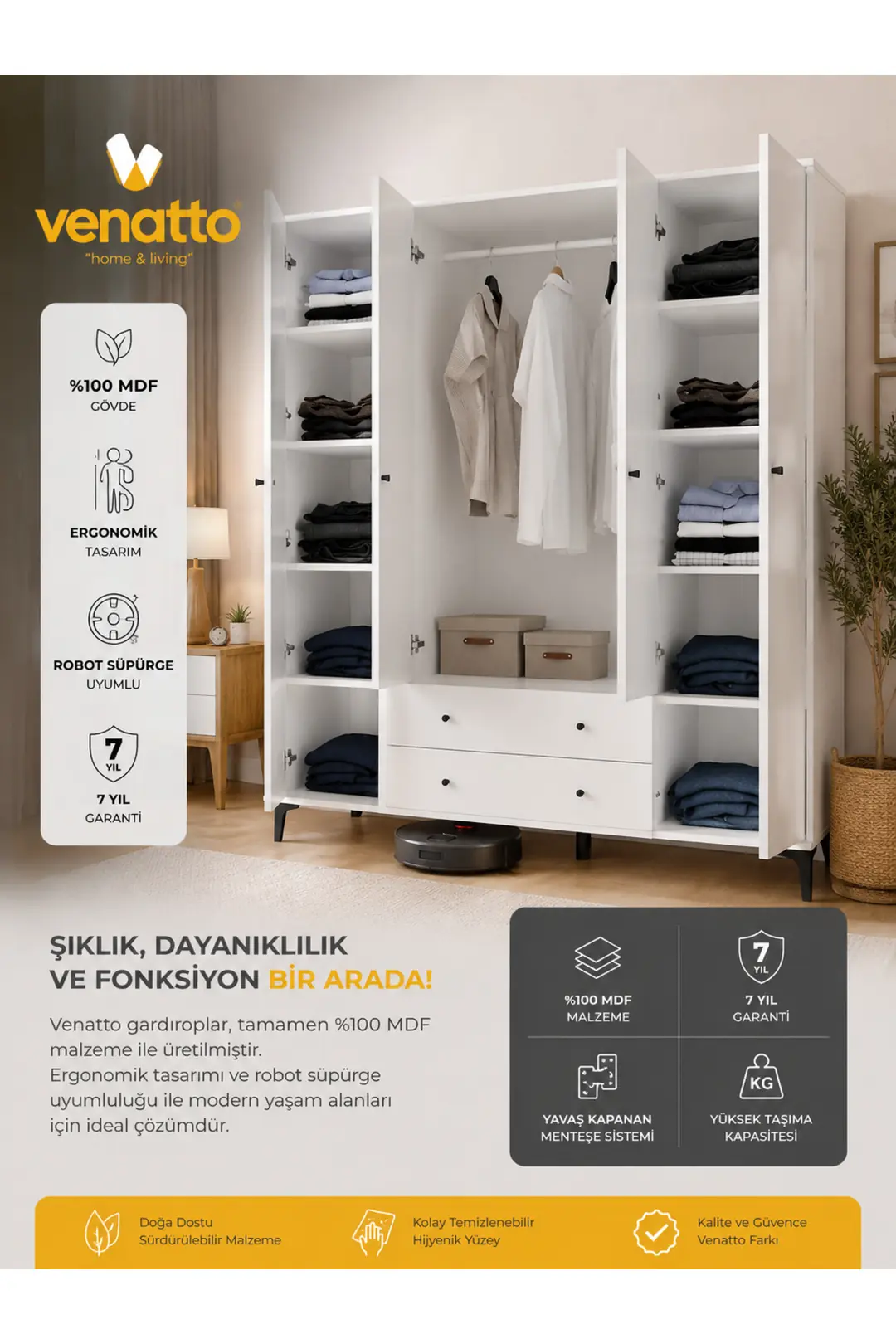 Focus 4 Kapılı Dolap Beyaz (%100MDF) - 4 Kapılı, 2 Çekmeceli, Ayaklı Gardırop 3