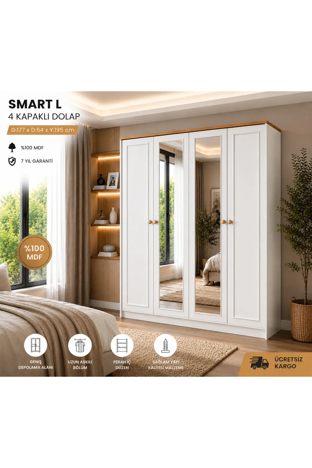 Smart 4 Kapılı Aynalı Gardrop/ Dolap(%100MDF) 1