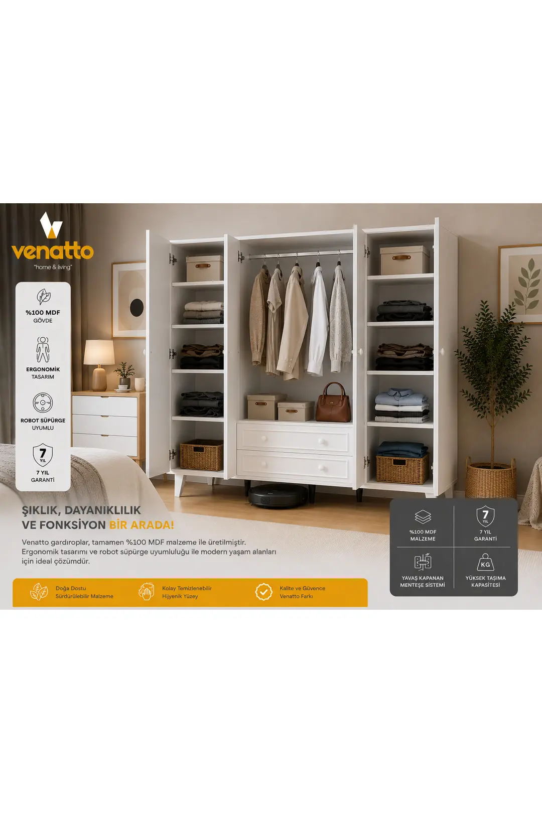 madrid 4 kapaklı,aynalı,10 raflı,2 çekmeceli dolap/gardırop (%100mdf) 2