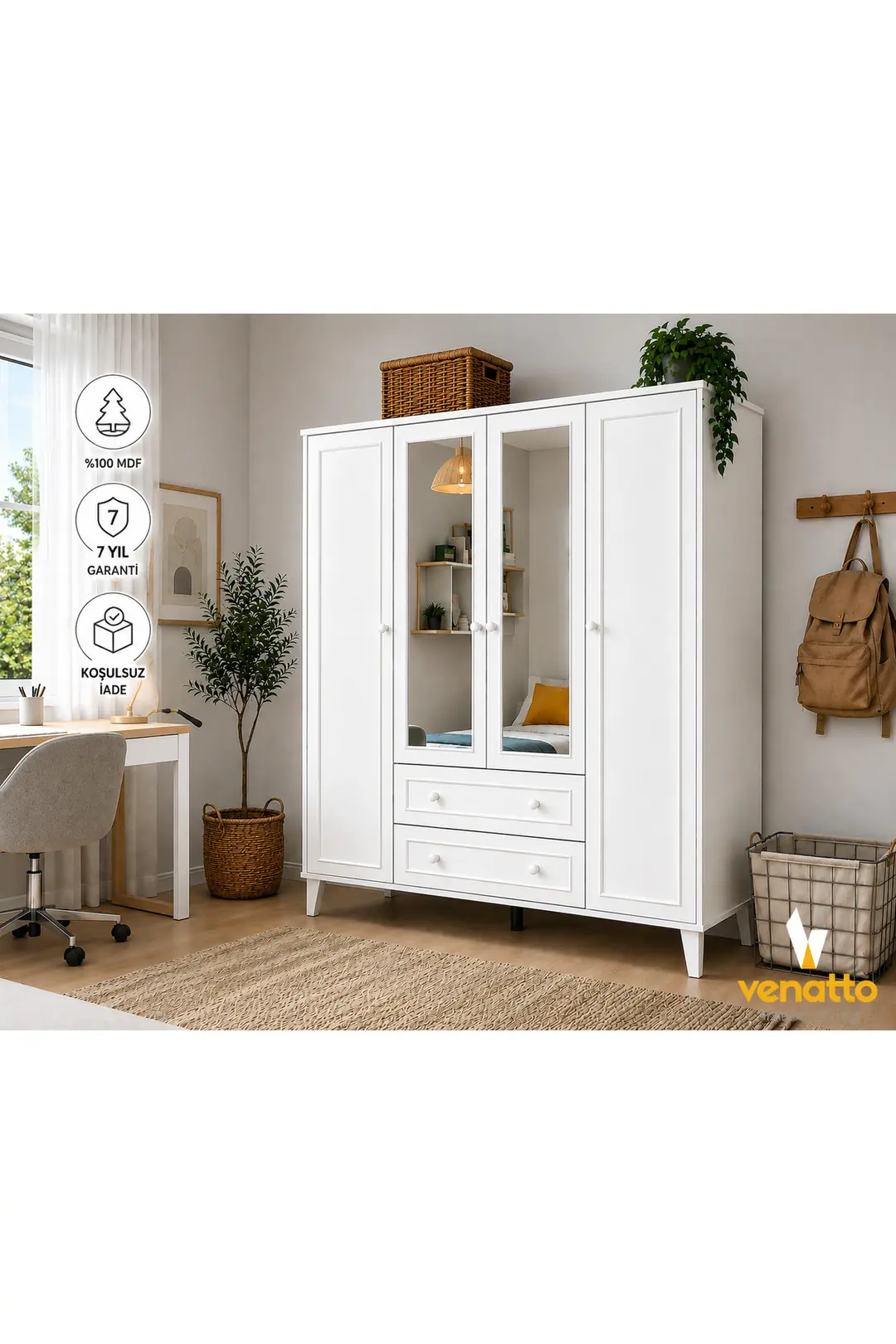 madrid 4 kapaklı,aynalı,10 raflı,2 çekmeceli dolap/gardırop (%100mdf) 1