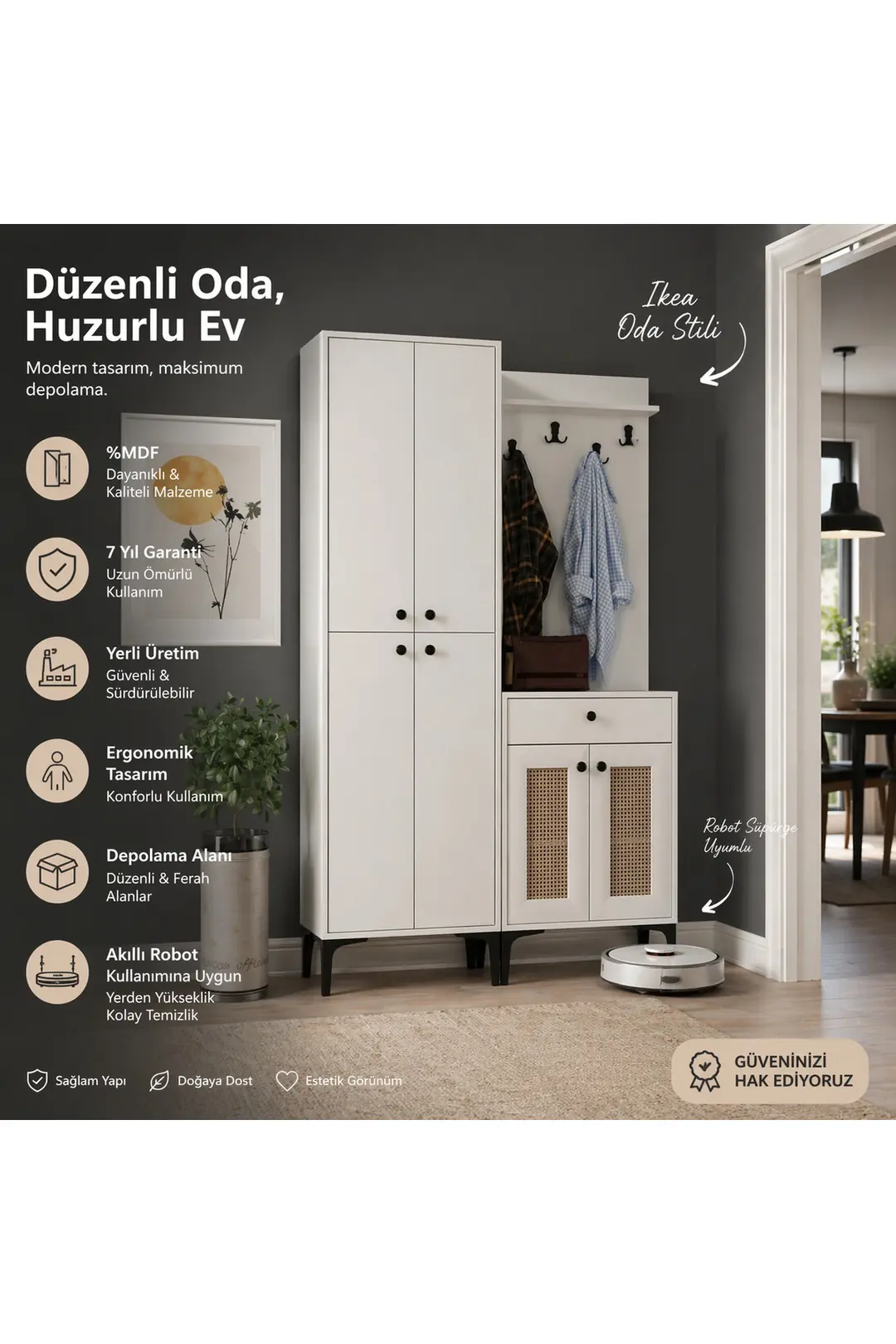 Paris Hasırlı Portmanto/vestiyer/ayakkabılık (%100MDF)