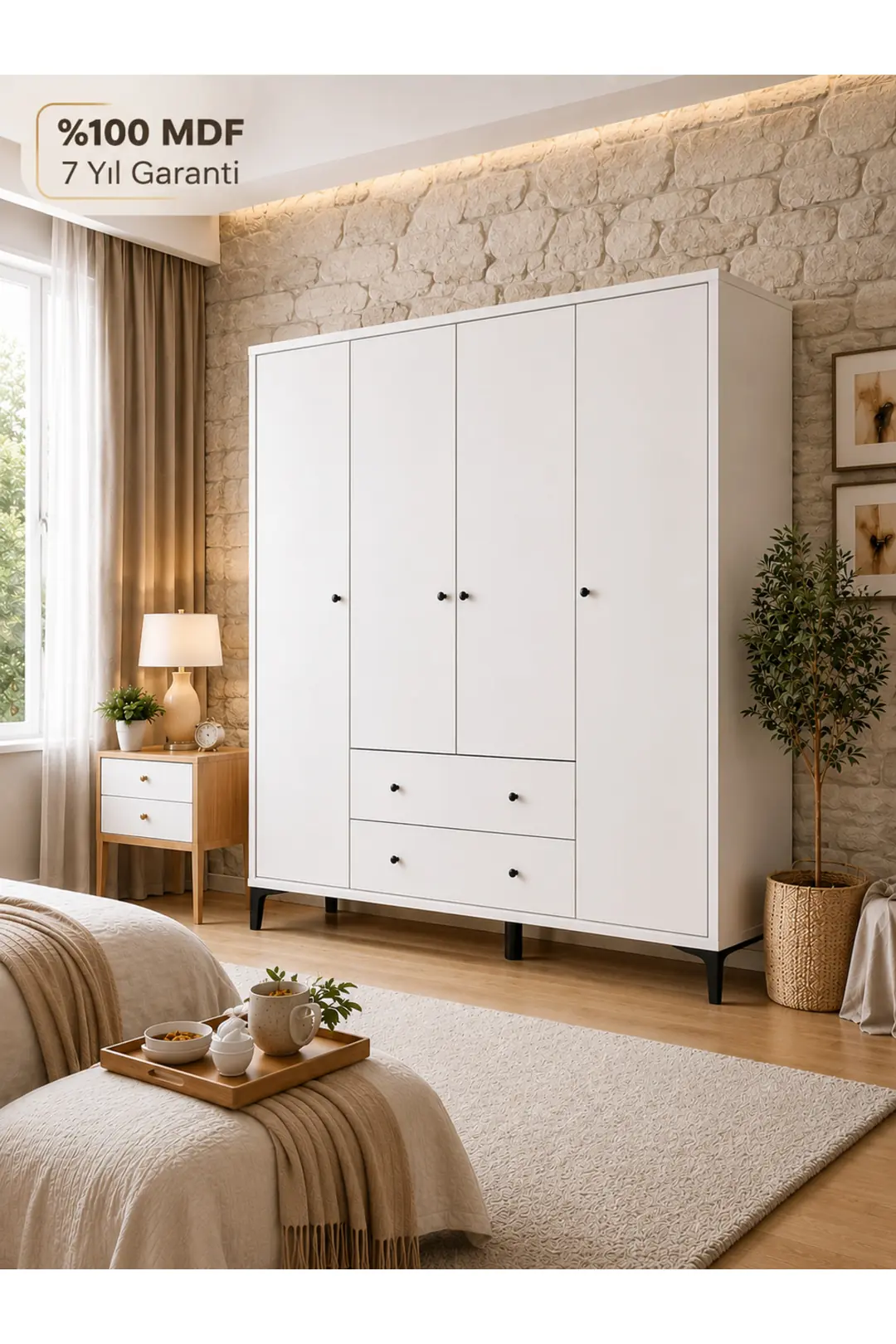 Focus 4 Kapılı Dolap Beyaz (%100MDF) - 4 Kapılı, 2 Çekmeceli, Ayaklı Gardırop