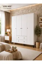 Focus 4 Kapılı Dolap Beyaz (%100MDF) - 4 Kapılı, 2 Çekmeceli, Ayaklı Gardırop 1