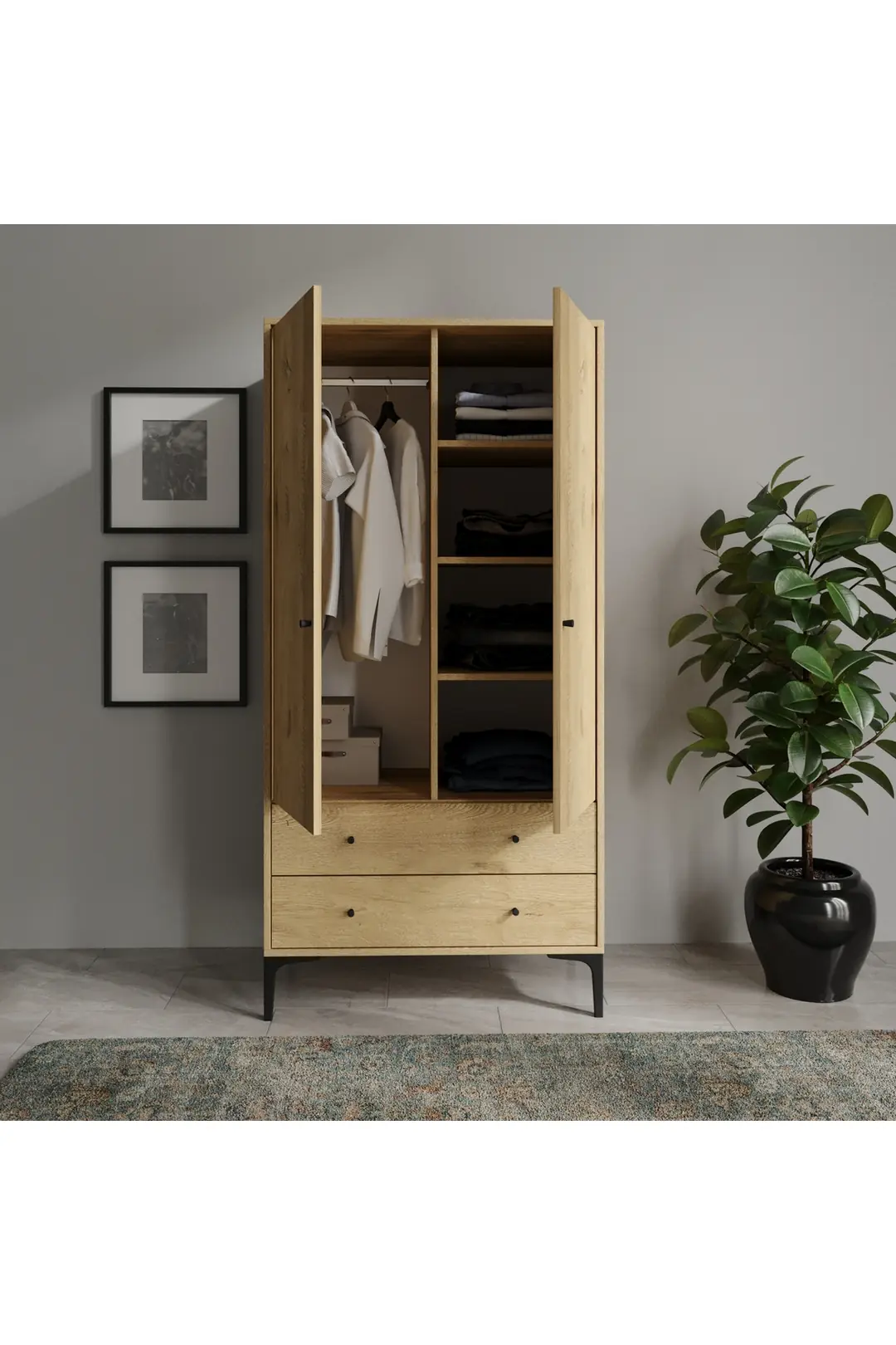 focus 2 kapaklı,sık raflı,askı bölümlü,2 çekmeceli dolap/gardırop(%100mdf) 5