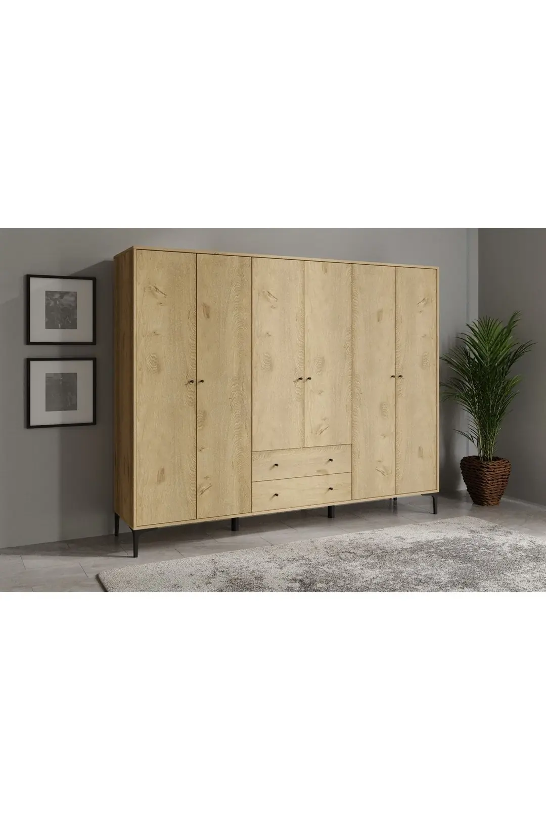 Focus 6 Kapılı,2 Çekmeceli,10 Raf Bölmeli Gardırop/ Dolap R: Meşe (%100MDF) 3