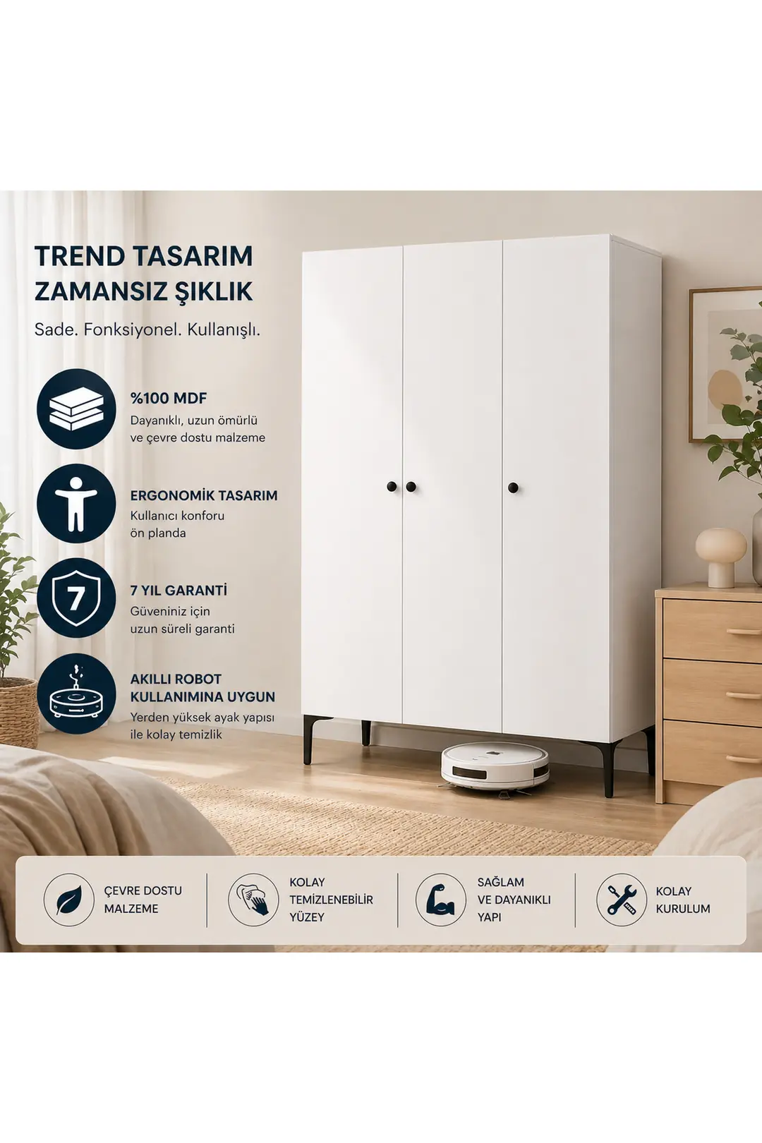 FREE 3 KAPAKLI,6 RAFLI, 1 ASKILI DOLAP/GARDIROP (%100MDF) 1