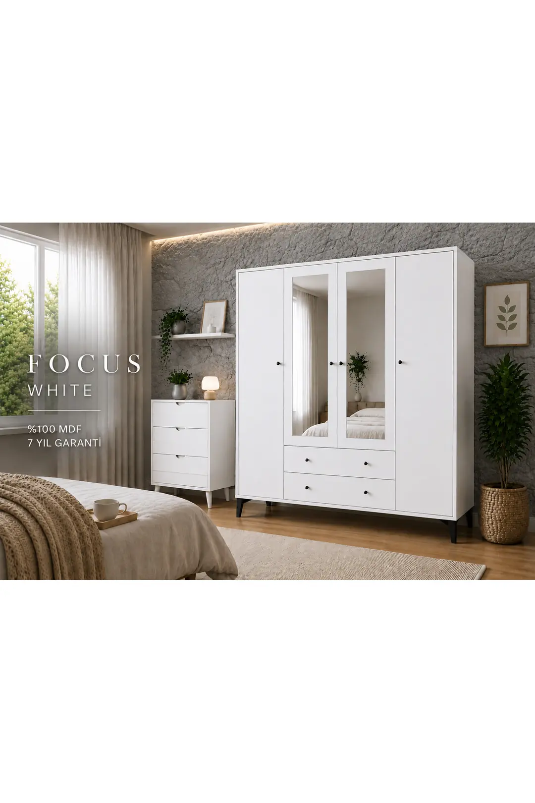 Focus 4 Kapılı, 2 Çekmeceli Aynalı Dolap (BEYAZ) (%100MDF) 1