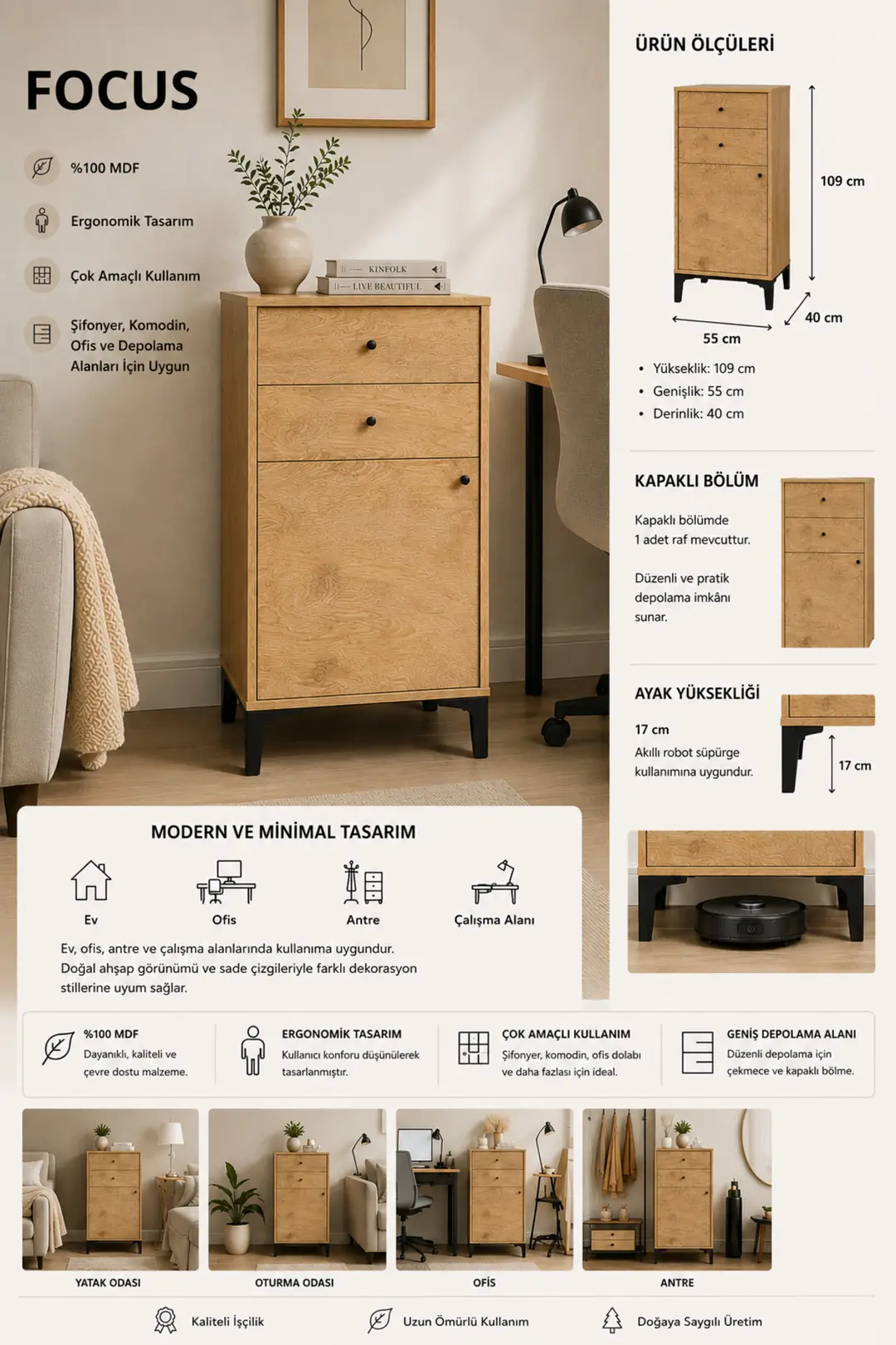 Focus Şifonyer Meşe (%100MDF) 1