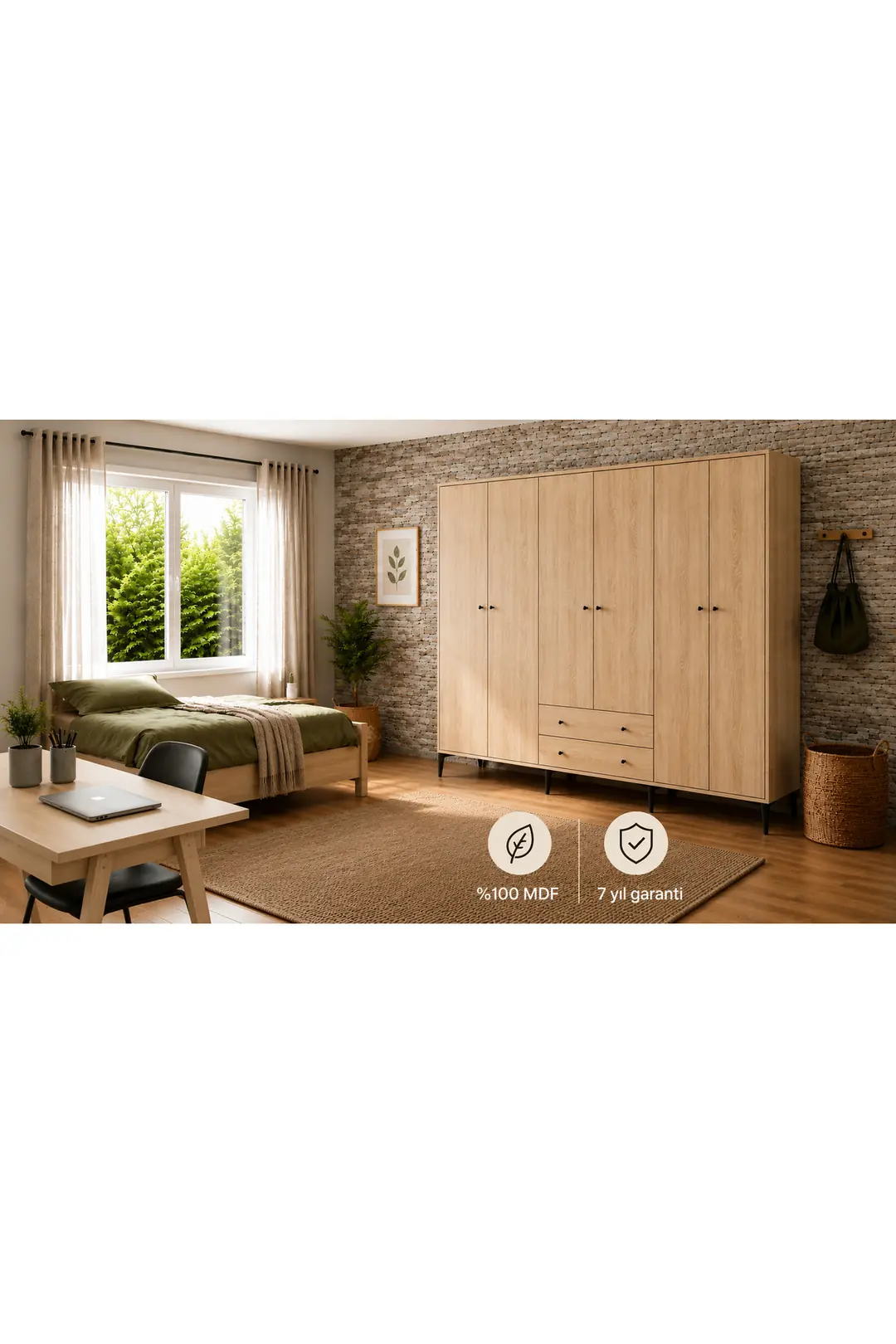 Focus 6 Kapılı,2 Çekmeceli,10 Raf Bölmeli Gardırop/ Dolap R: Meşe (%100MDF) 1