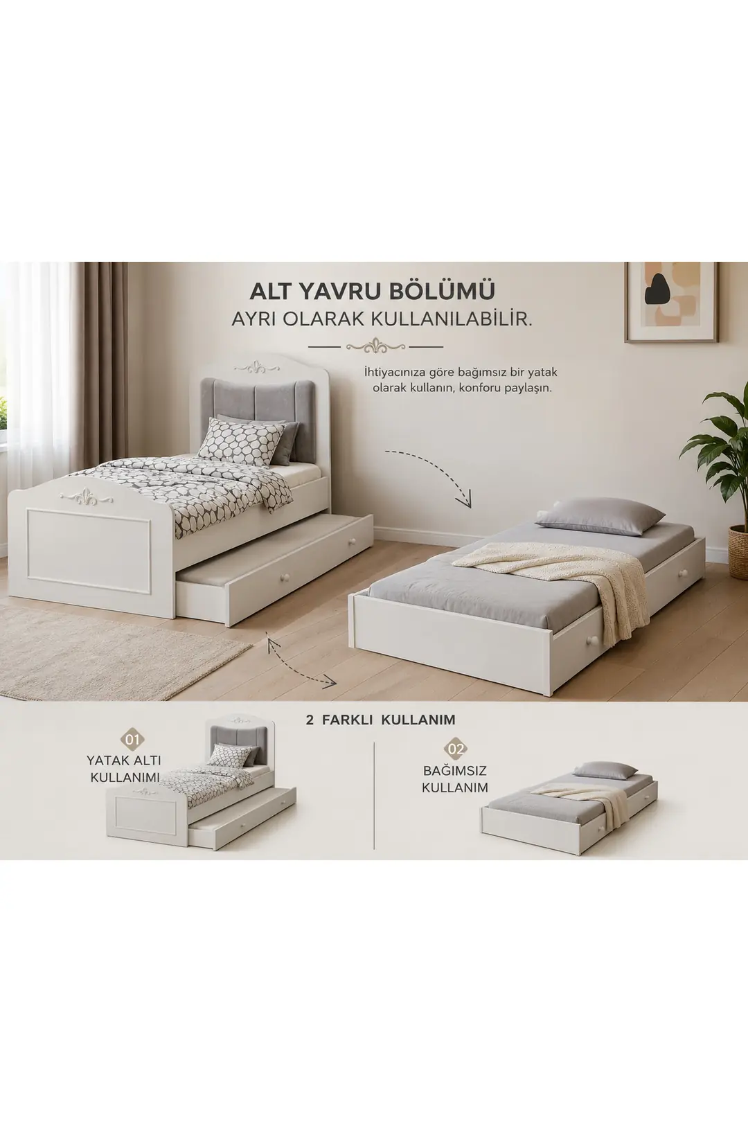 ROMANTİC YAVRU YATAKLI KARYOLA EBAT:100X200(%100MDF) 4