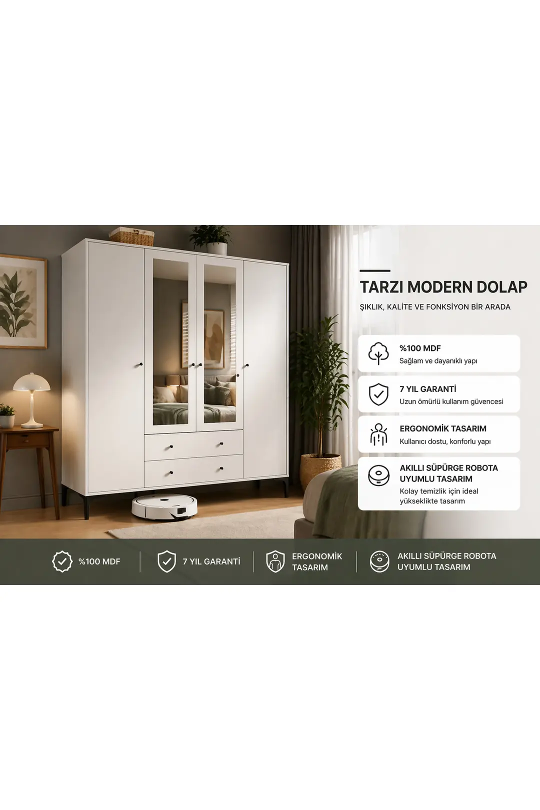 Focus 4 Kapılı, 2 Çekmeceli Aynalı Dolap (BEYAZ) (%100MDF) 2