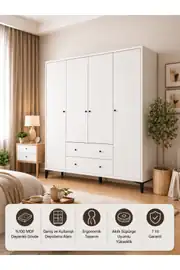 Focus 4 Kapılı Dolap Beyaz (%100MDF) - 4 Kapılı, 2 Çekmeceli, Ayaklı Gardırop 2