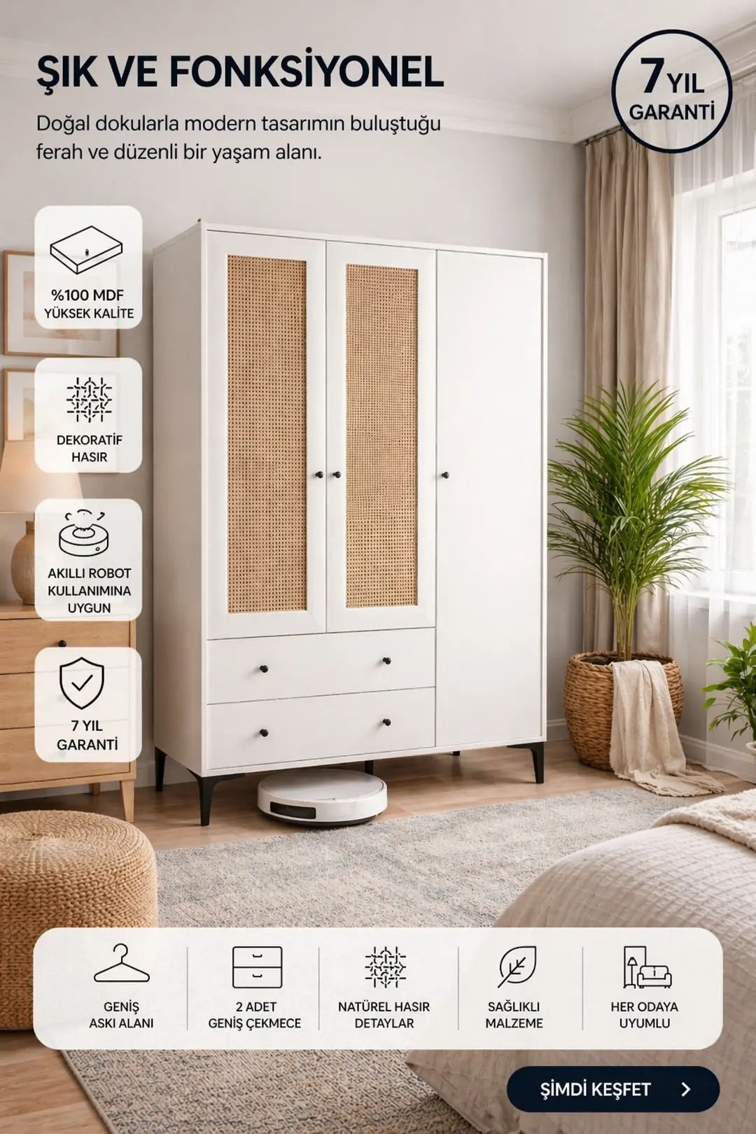Trio 3 Kapılı Dolap (%100MDF)
