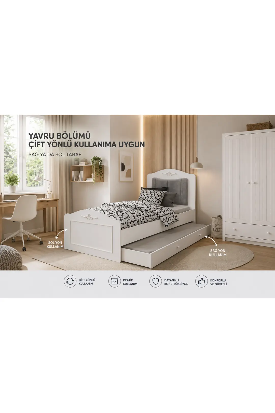 ROMANTİC YAVRU YATAKLI KARYOLA EBAT:100X200(%100MDF) 5