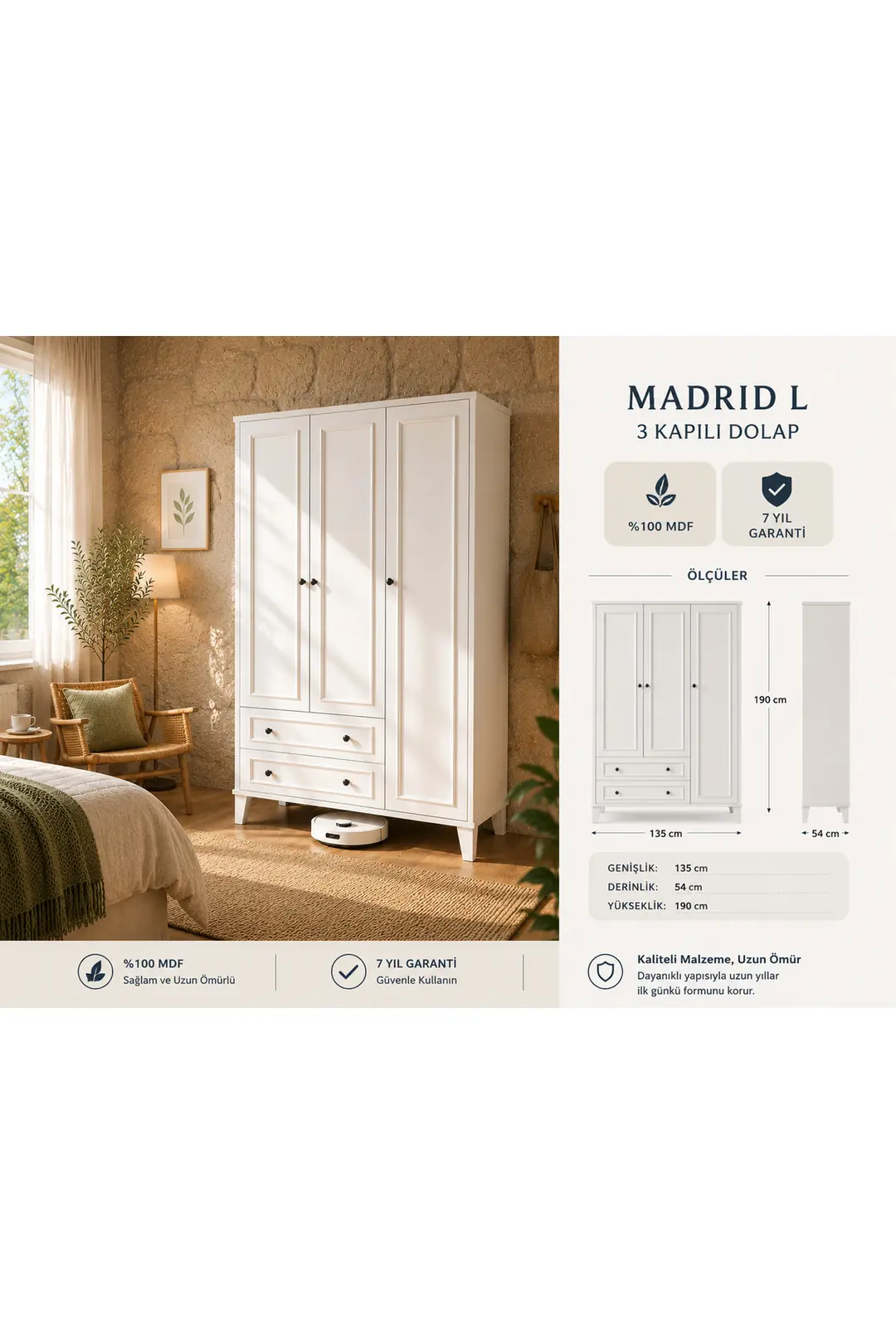 madrid 3 kapaklı,raflı,2 çekmeceli dolap/gardırop (%100mdf) 2